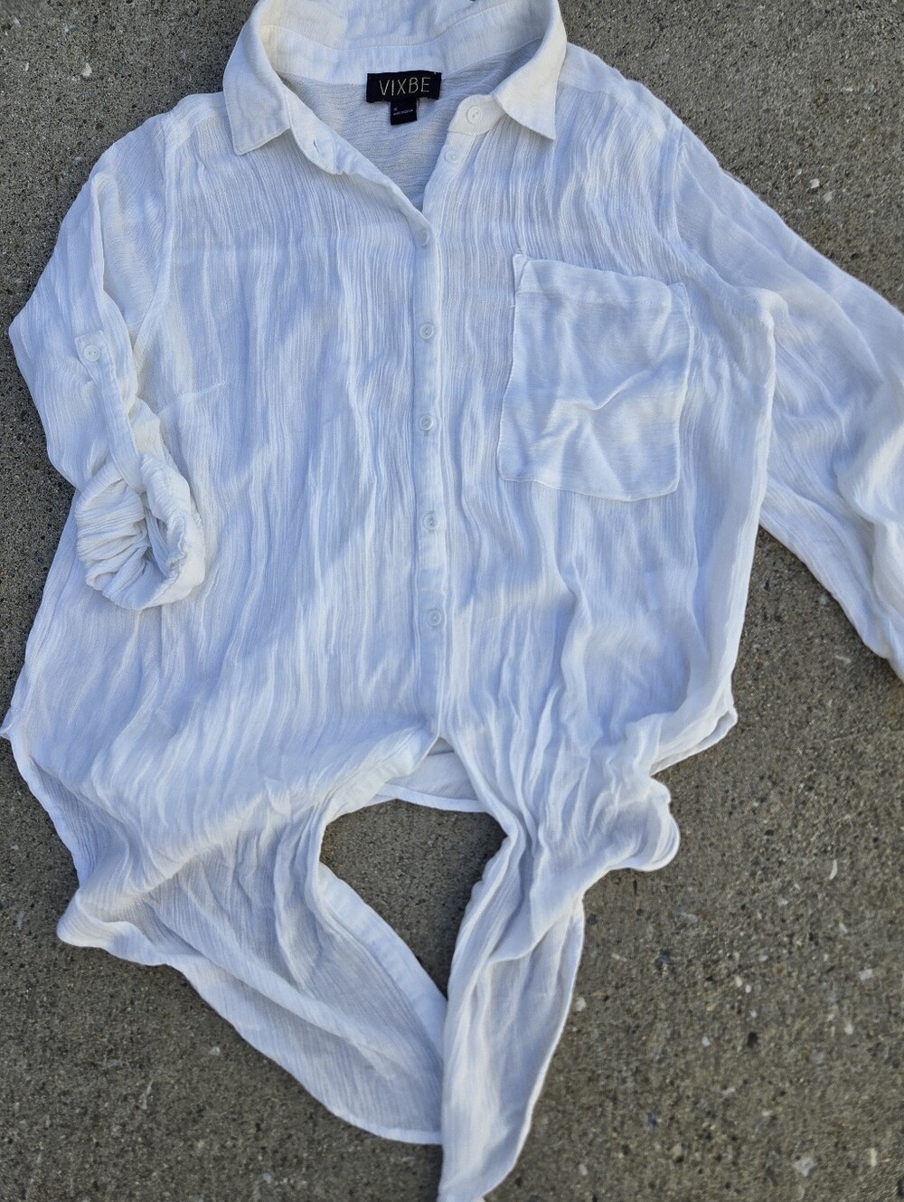 VIXBE White Crinkle Rayon Roll Tab Tie Front Blouse Medium